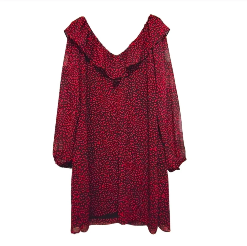 Michael Kors Red Leopard Print Ruffle Sheer Sleeve Dress Women's Size Large L - Picture 4 of 12